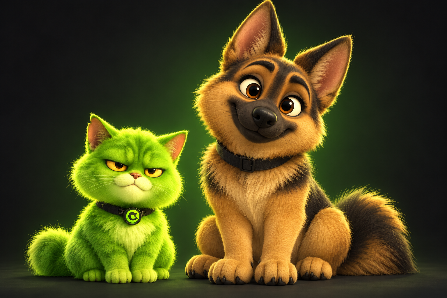 Wolfie, a cartoon sable German Shepherd puppy, sitting beside Techno the lime-green cat on a dark background