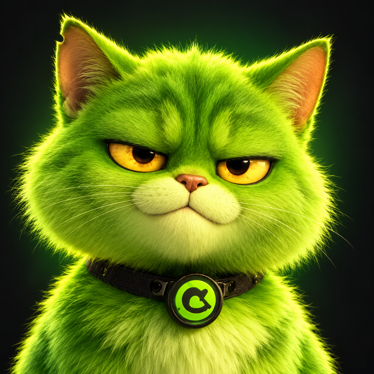 Techno, the AskAdy Creative lime-green cartoon cat with amber eyes and a black collar