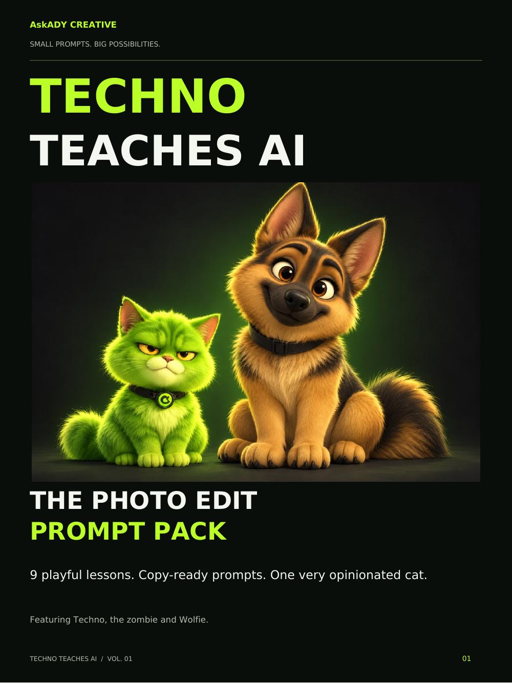 Cover of the Techno Teaches AI photo edit prompt pack PDF