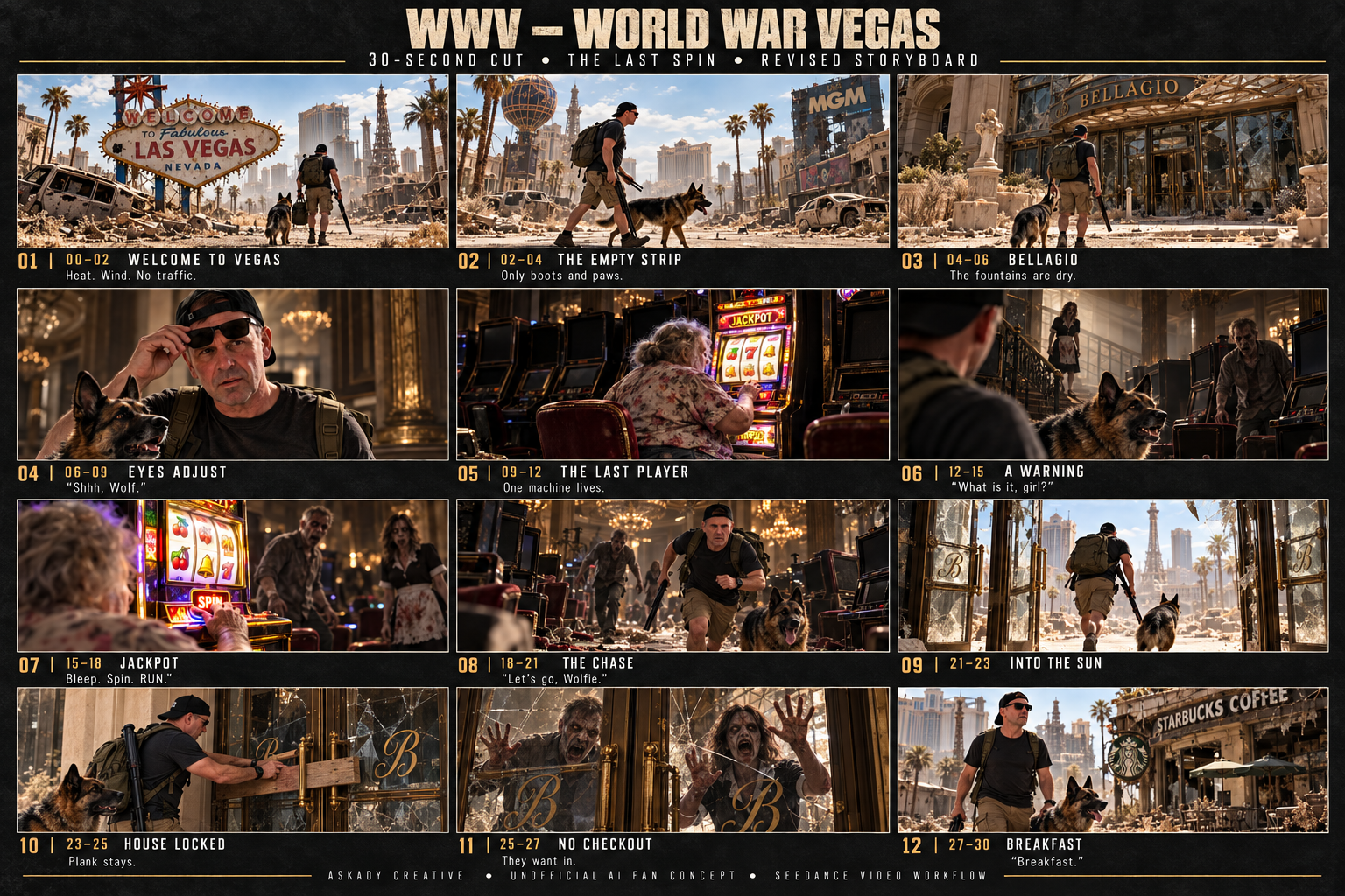 Revised twelve-panel World War Vegas storyboard: ruined Strip, lone slot-machine player, warning, chase, barricade and Breakfast ending