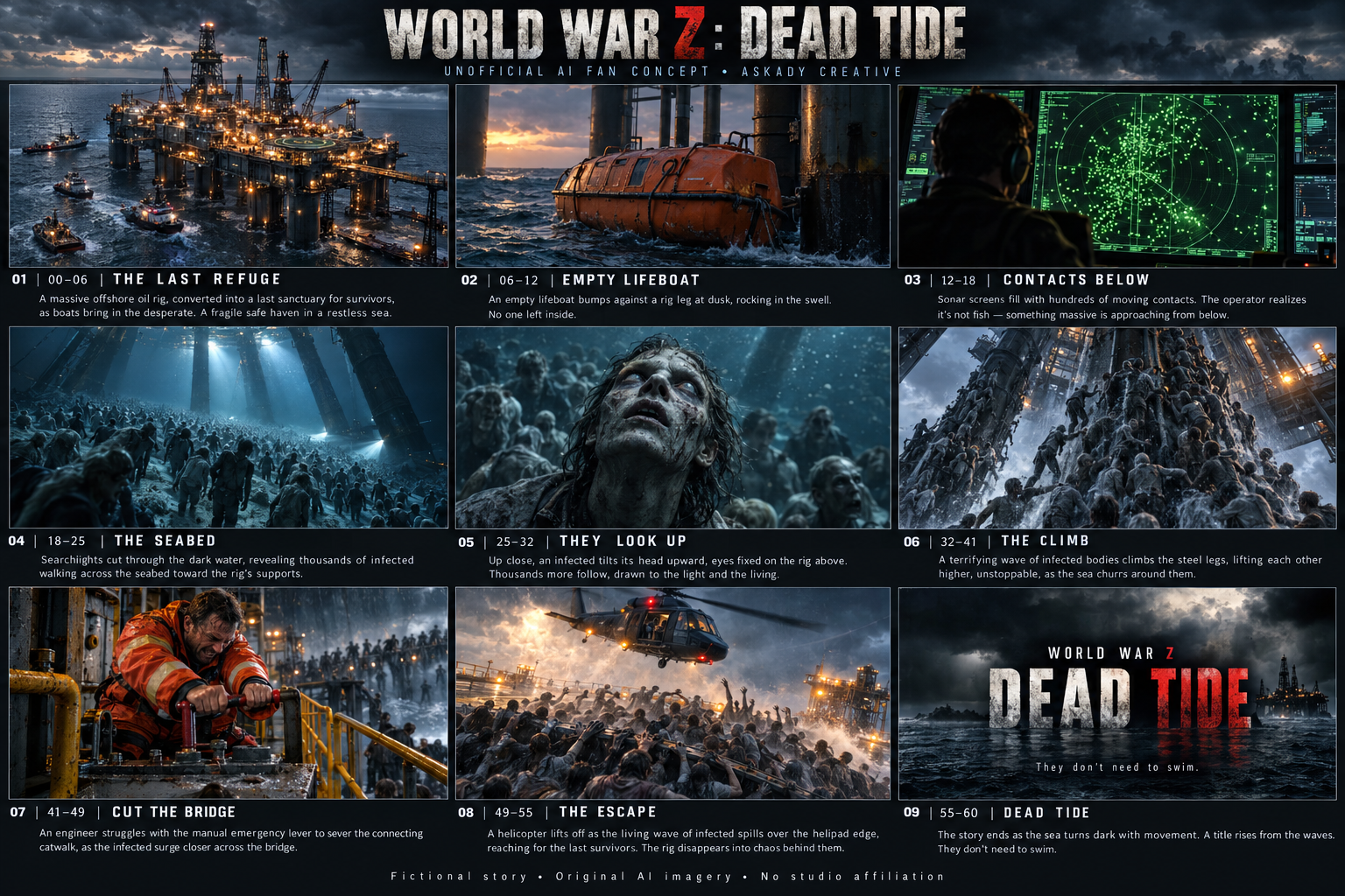 Nine-frame Dead Tide storyboard: North Sea oil rig, empty lifeboat, sonar, infected on the seabed, rig climb, engineer, helicopter and title