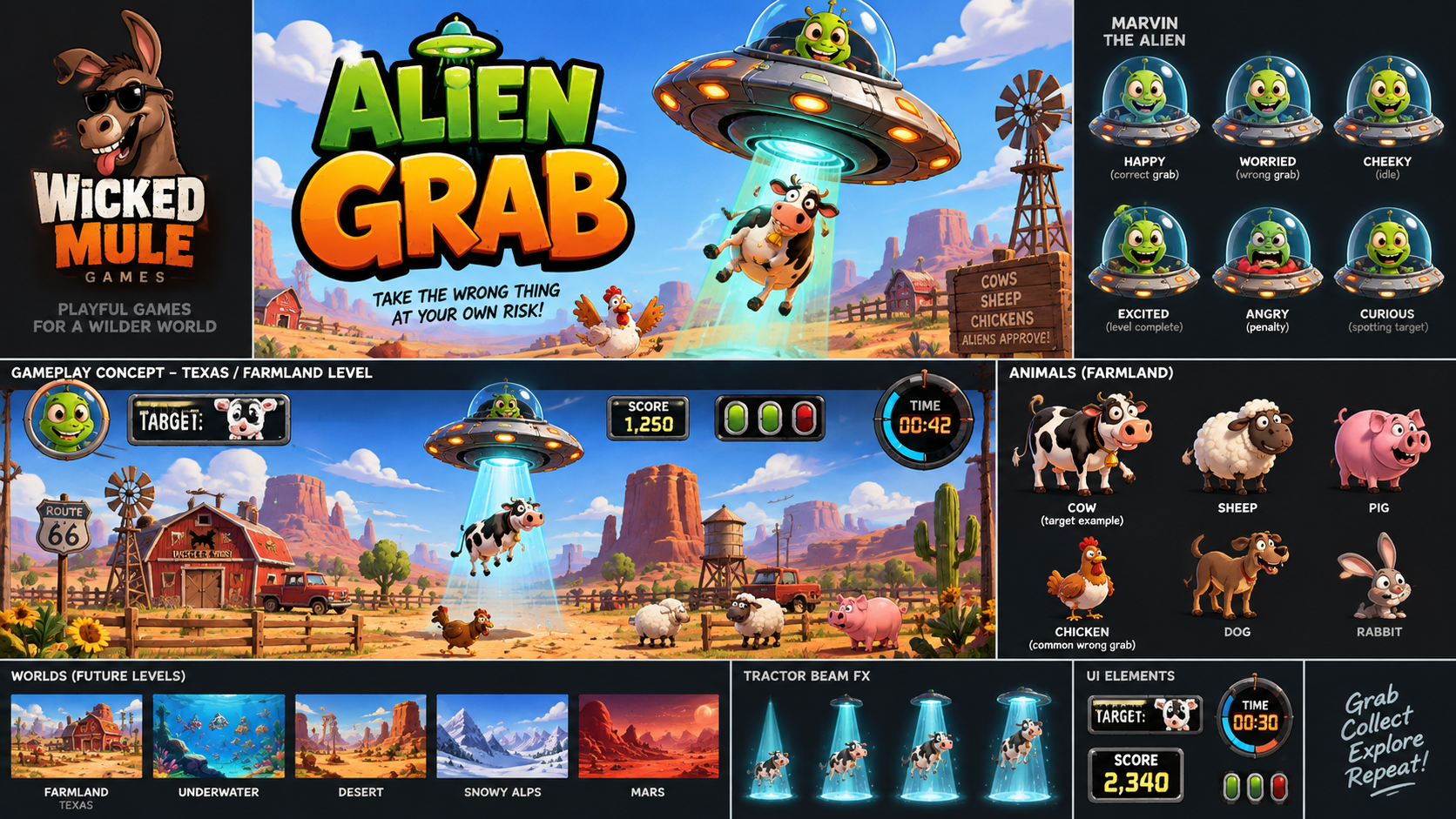 Alien Grab game concept board showing a cheerful alien in a UFO collecting farm animals